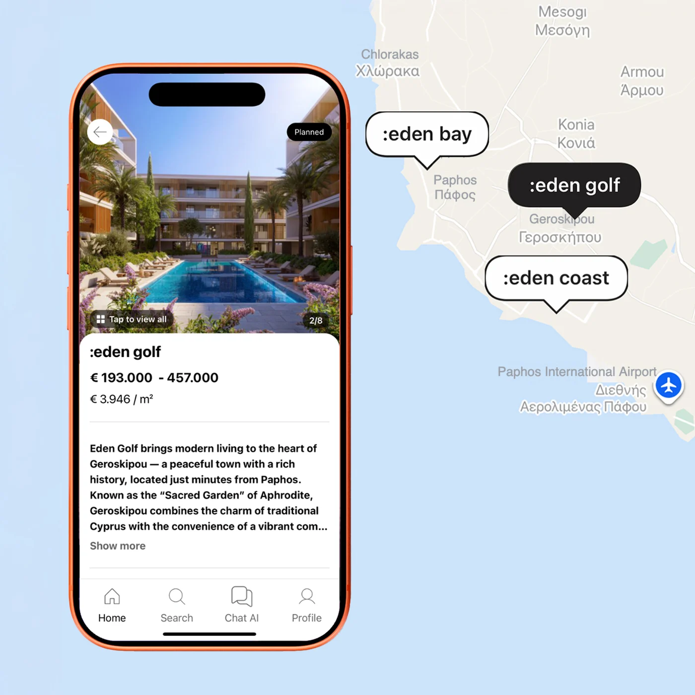 Two phones in coral cases showing a developer’s branded sales app: a project map with price pins and a project card with prices per m²