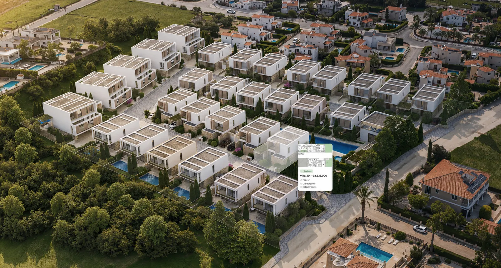 Aerial master plan of a villa development with an availability card open on one villa