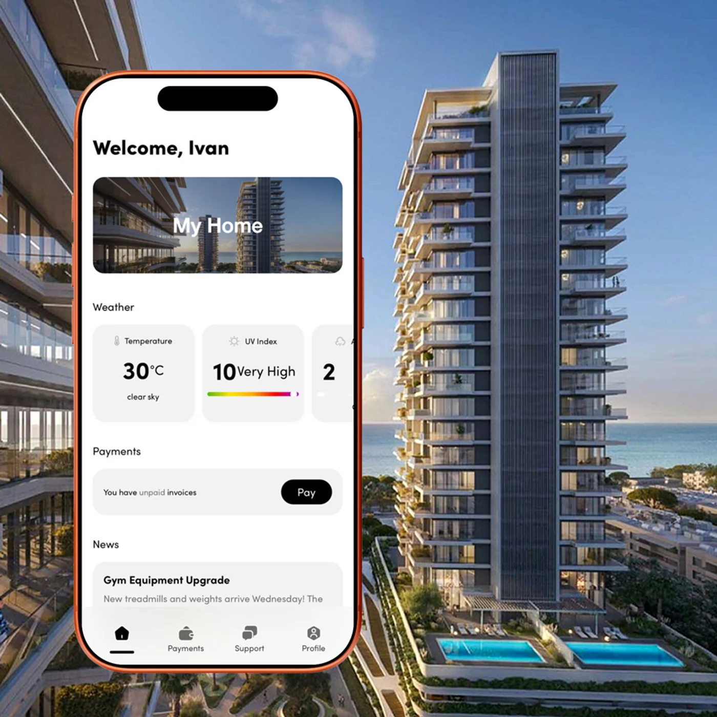 A residential complex with people on the plaza and the resident app open on a phone: the building, weather, bills and news from the management company