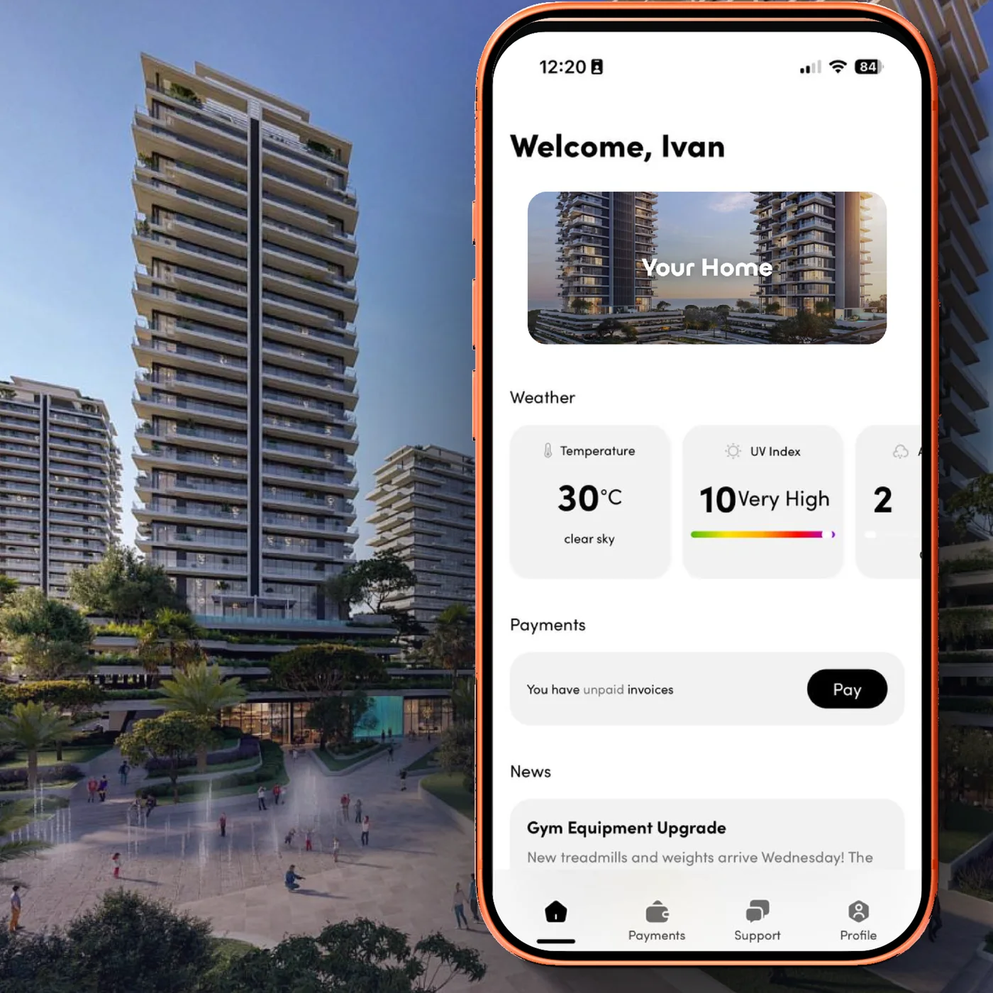 A delivered residence at sunset: towers above the plaza with fountains and residents