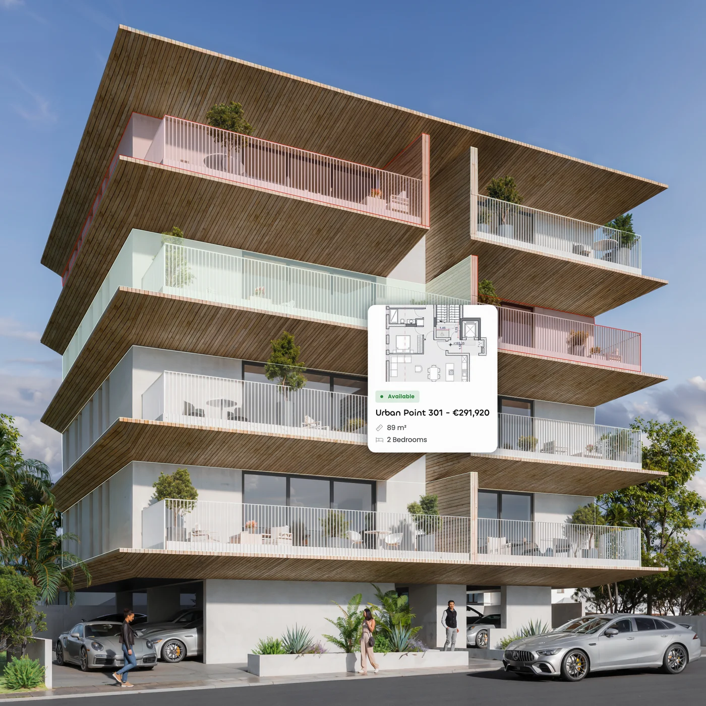 Residential building facade with a unit card open on one apartment: plan, price and size